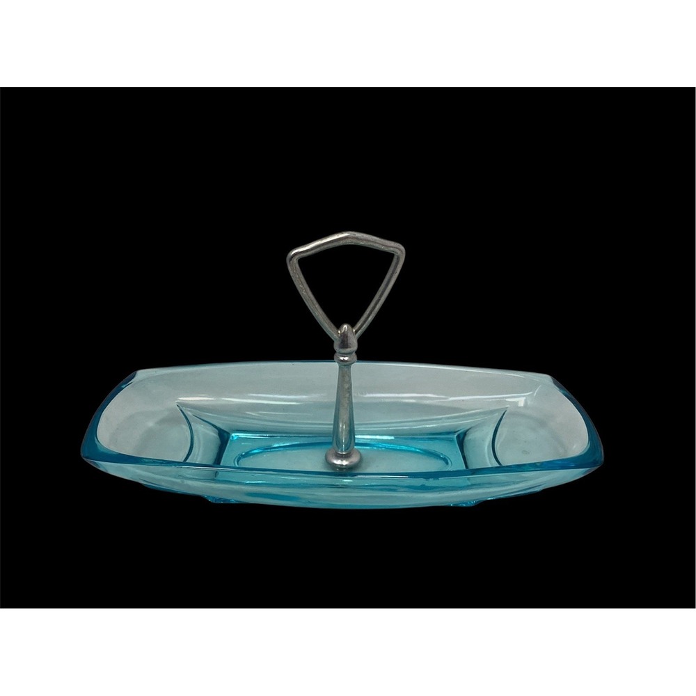 Vtg 1960s Hazel Atlas Glass Capri Blue Handled MCM aqua Candy Dish bowl decor